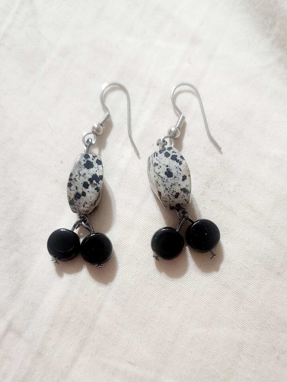 Dalmatian Jasper and Black Bead Dangle Earrings - Women Jewelry